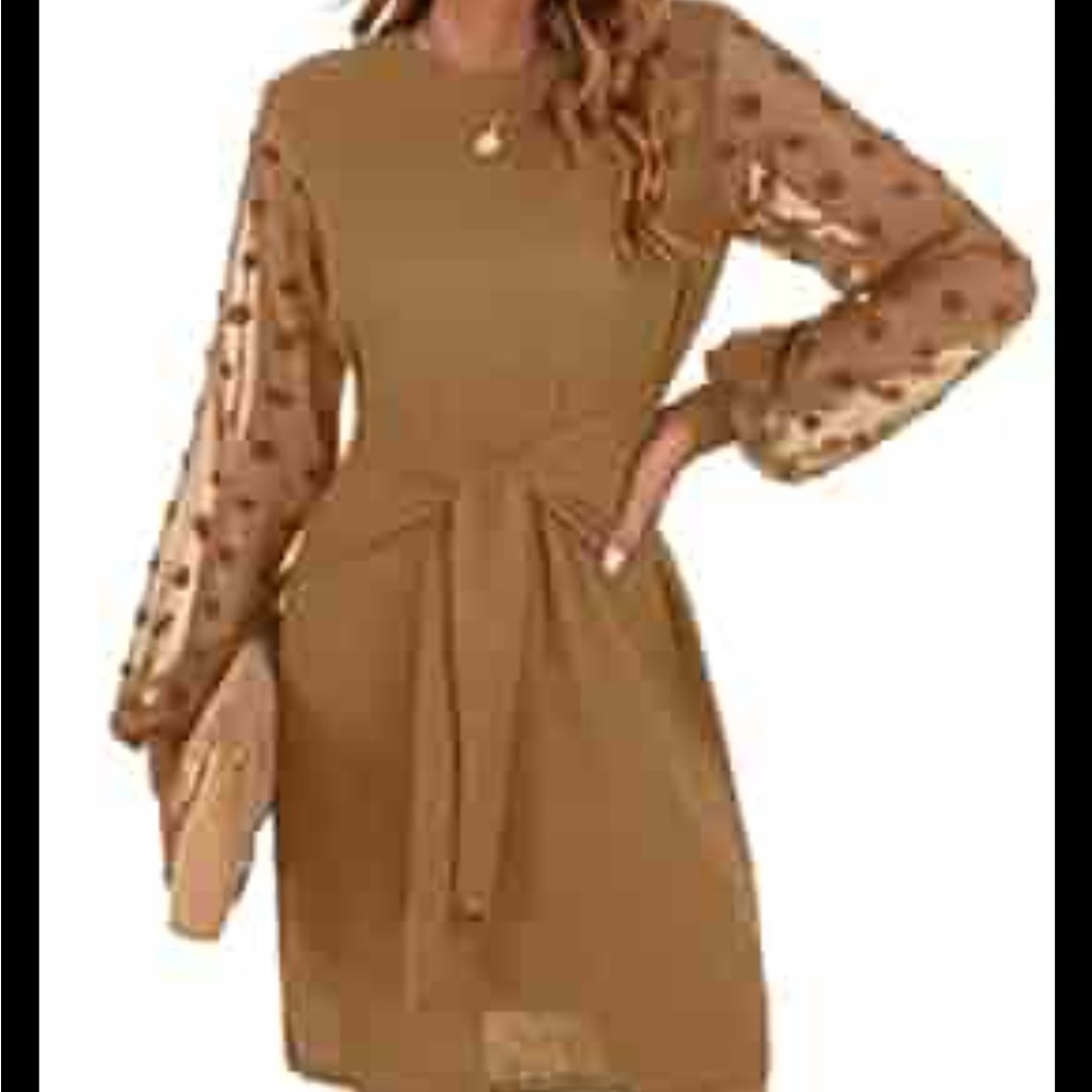 NWT Ribbed Tie Waist Sheer Polka Dot Sleeve Dress Caramel Brown Sz S - Picture 4 of 10